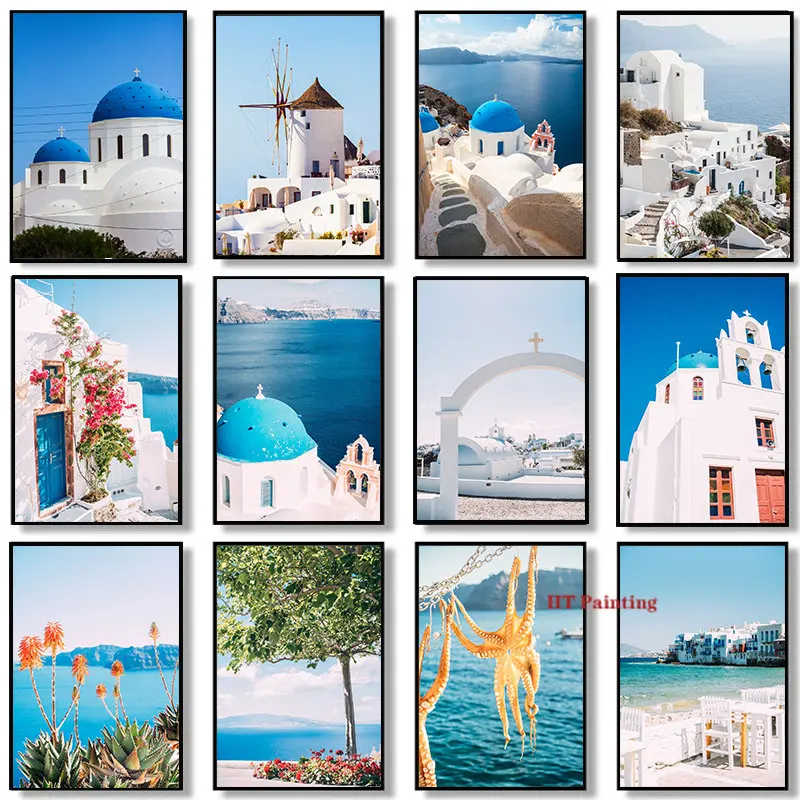 

Постер на холсте с изображением Греции, Санторини, Эгейского моря, пейзаж, настенные картины в скандинавском стиле, декор для гостиной, дома, отеля