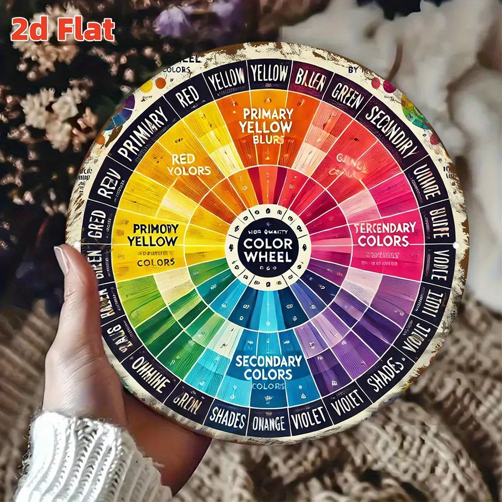 2D Flat, [Indoor Outdoor Decor] 2D Flat, 2D Flat Vintage Color Wheel Wall for art ,Sign with Primary Secondary Tertiary Color