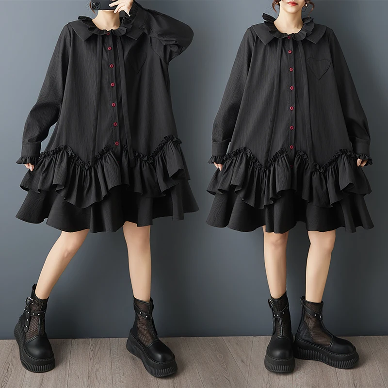 Loose Dark Design Double Layered Ruffle Sleeve Dress Women's plus Size Cotton Blend Button up Midi Dress Spring Summer