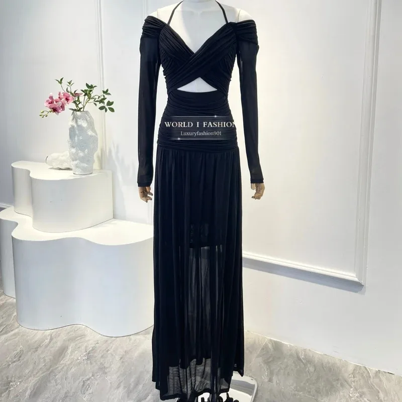 Otoño nuevo estilo Casual mujeres que usan 2025 negro plisado manga larga fuera del hombro Halter recortado vestido Midi