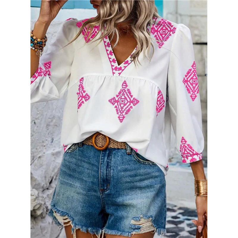 A83F-chemisiers décontractés en mousseline de soie pour femmes, col en V, imprimé Floral, manches 3/4, style Boho, hauts d'été