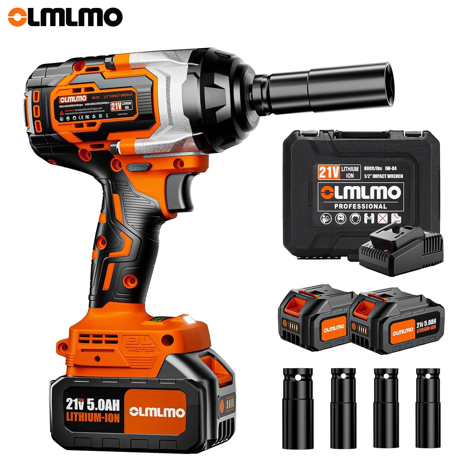 OLMLMO 2*5000mAh Battery Brushless Impact Gun 4 Variable Speed Trigger Cordless 800Ft-lbs High Torque Impact Wrench 4pcs Socket