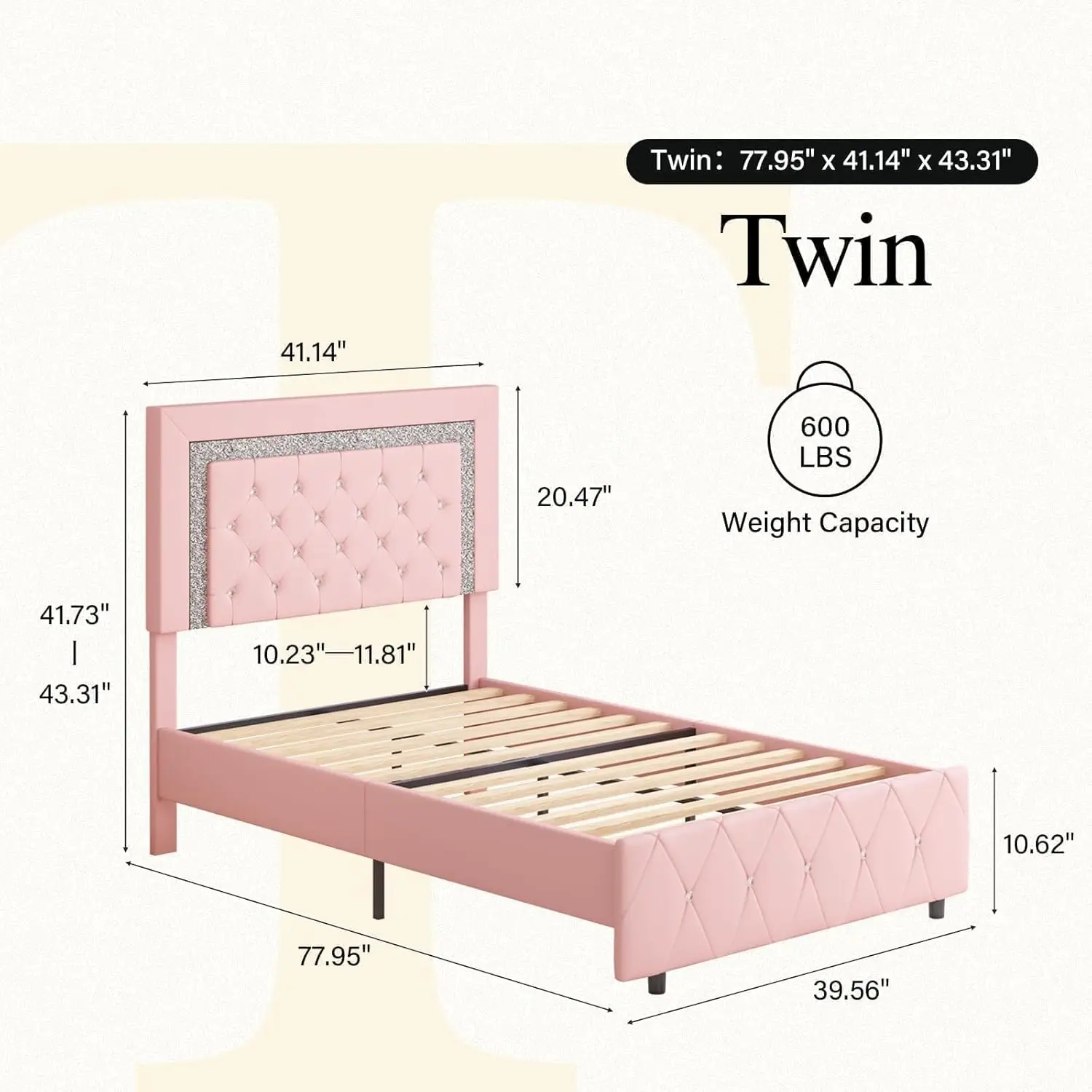 Twin bedframe, roze gestoffeerd bedframe Twin Size met diamanten getuft hoofdeinde, Twin bedframe voor meisjes met kunstleer