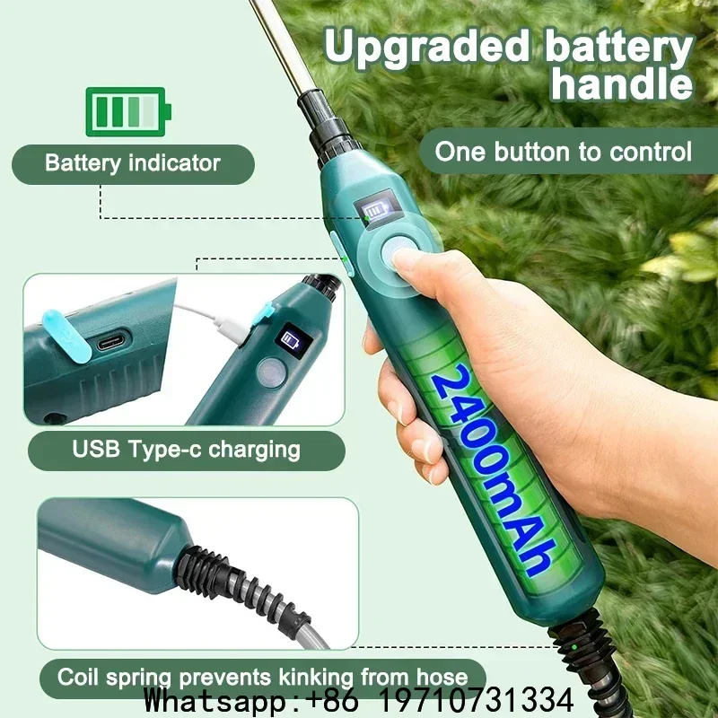 2400mAh Electric Garden Sprayer, High Pressure Portable Gardening Tool with 3 Mist Nozzles for Plant Watering Irrigation