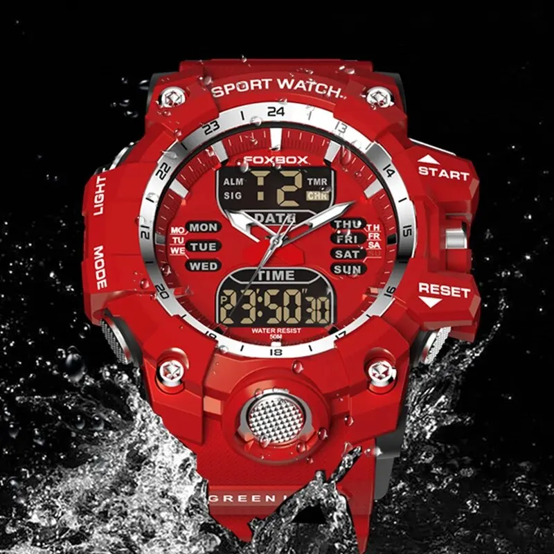 New Men Watch Dual Time LED Digital Watch for Men Waterproof Chronograph Quartz Red Military Sport Electronic Wristwatch