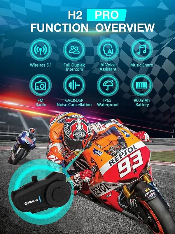 Moman H2 Pro/H2S オートバイ インターコム、カーボン ヘルメット ヘッドセット ワイヤレス通信システム 1000M DSP&CVC ノイズ キャンセリング付き