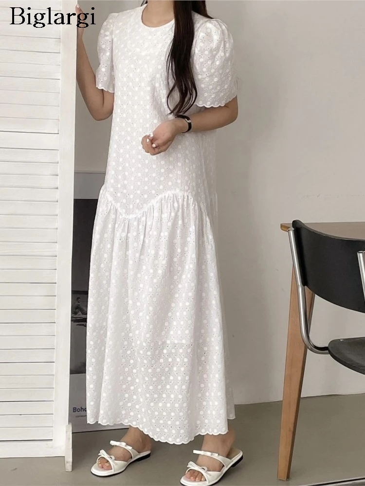 

Summer Dress Women Polka Dot Embroidery Fashion Sweet Ladies Dresses Korean Style Loose Ruffle Pleated Woman Long Dress