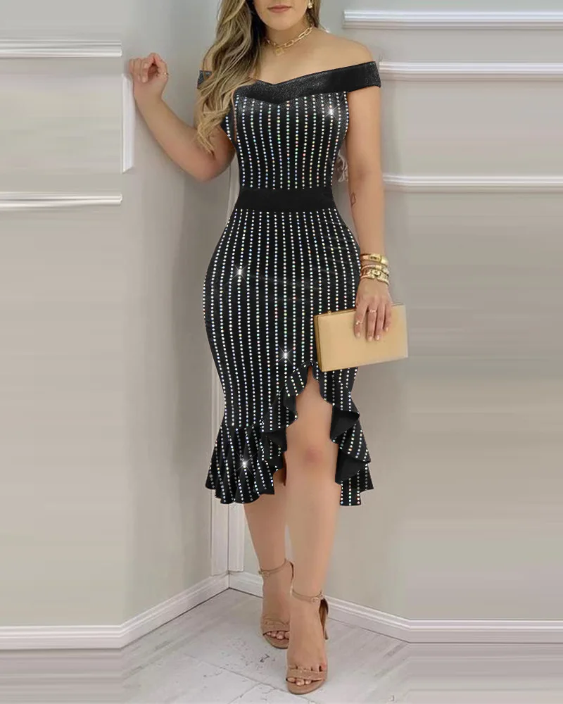 Elegant Velvet Dresses for Women Off Shoulder Multicolor Holographic Metallic Silver Ruffle Hem Party Dress vestido feminino