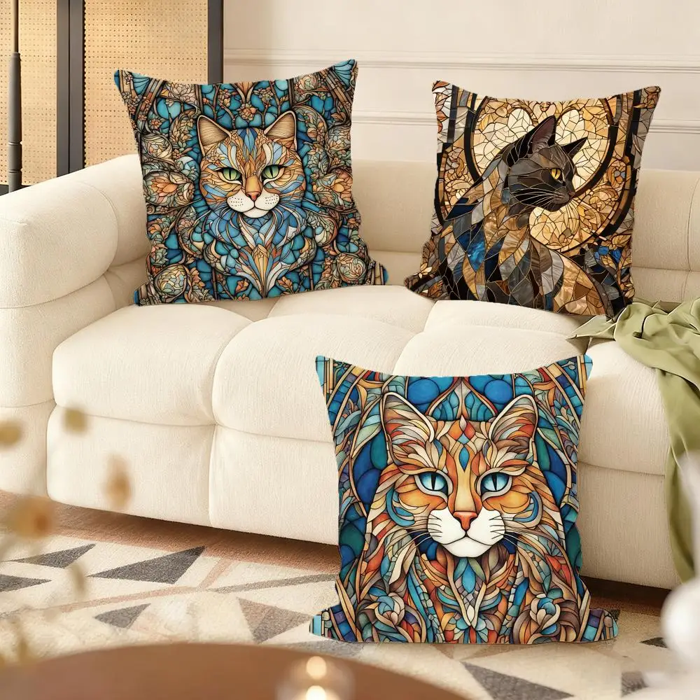 Stained Glass Cat Art Cushion Cover Soft Short Plush Pillow Cover Smooth Cozy Texture Aesthetic Cushion Case Home Decor