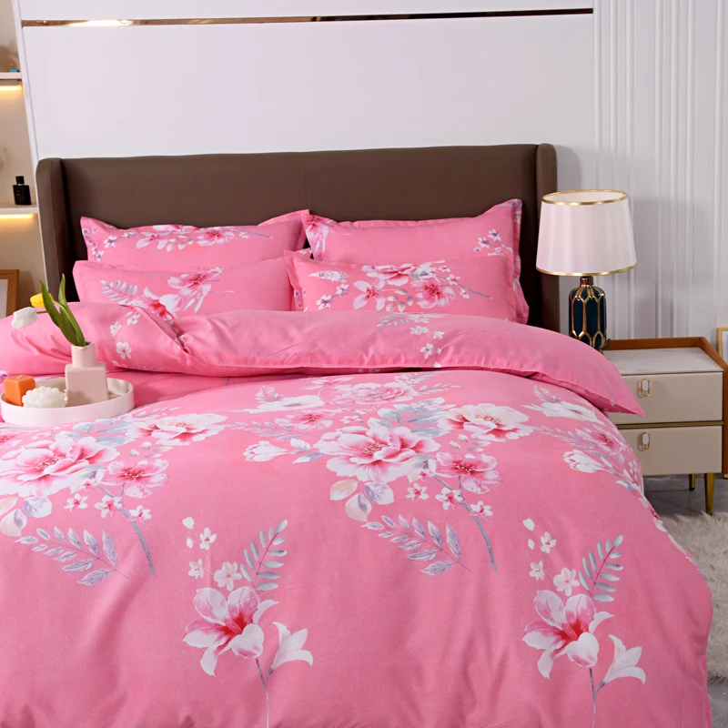 Pink Floral Pattern Duvet Cover Bedding Set King Size,Microfiber Soft Quilt Cover with Pillowcases Single Double,Flat Sheet