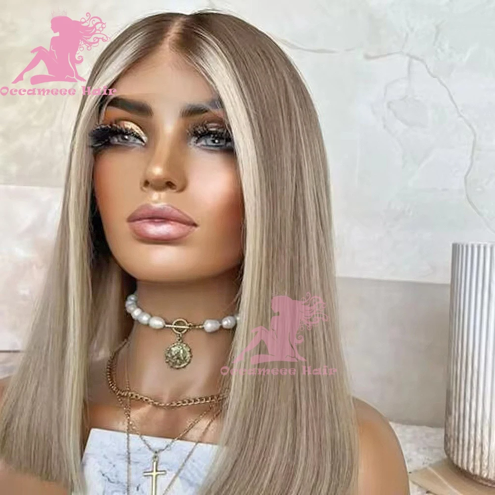 Highlight Pruik Ombre Asblonde Bob Korte Rechte Kanten Pruiken 13X6 360 Lijmloze Frontale Pruiken Transparant Kant Guless Prepl