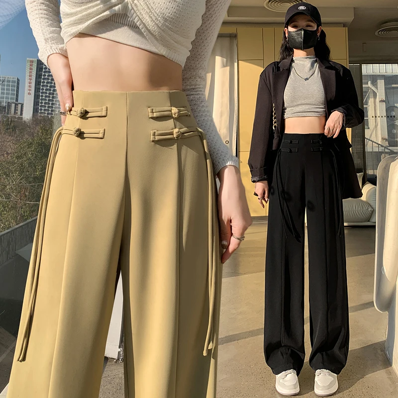 

Chinese Style Button-up Suit Pants Women 2024 Spring Sumnmer Fashion High Waist Wide-leg Pants Female Casual Straight Trousers