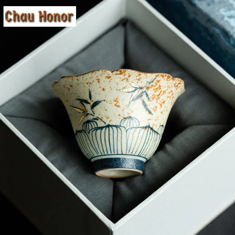 

60ml Handmade Gold Drawing Bamboo Ceramic Teacup Blue And White Flint Red Host Cup Personal Beautiful Mug Meditation Tea Bowl