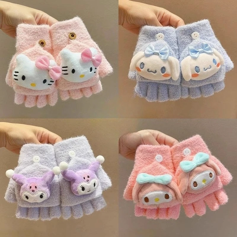 

Hello Kitty Sanrio Korean Versatile Fashion Winter Half Finger Flip Gloves Children's Cute Cartoon Plush Warm Gloves