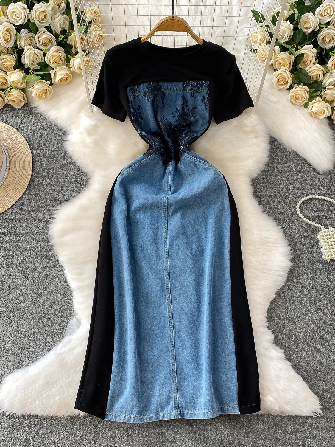 กระโปรงยีนส์ทรงเอวสูง ผ้าเดนิม แต่งผ้าลูกไม้ ทรงเข้ารูป ความยาวปานกลาง สไตล์เกาหลี เหมาะสำหรับใส่ไปทำงาน