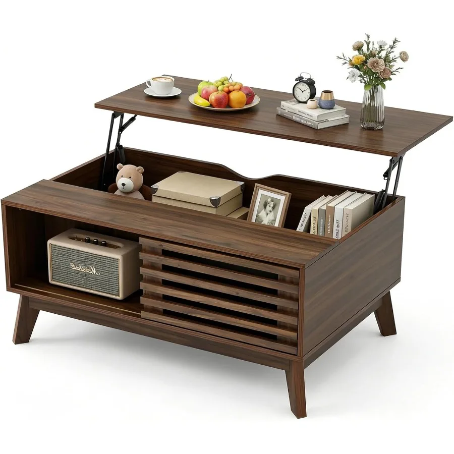 35.4'' Lift Top Coffee Table for Living Room, Walnut Wood, Brown, Large Hidden Storage Compartment