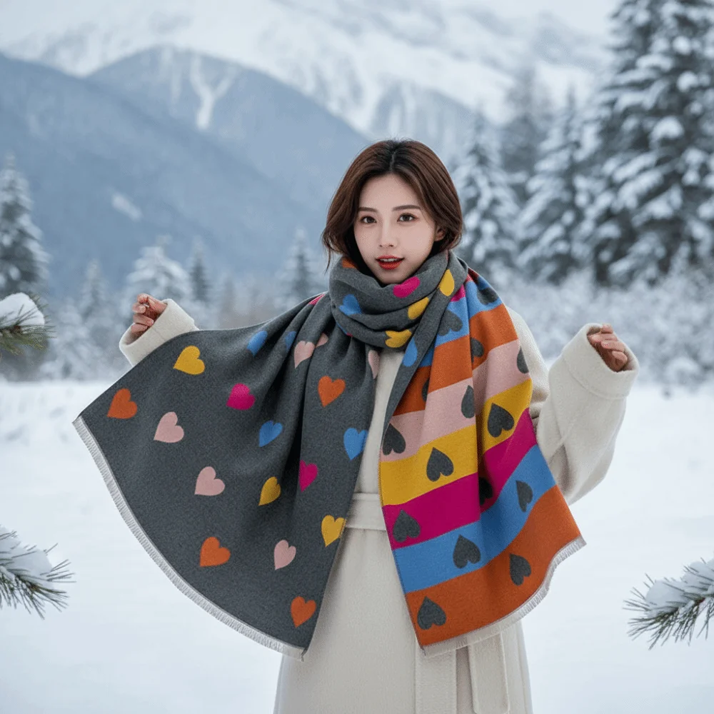 Thick Heart Pattern Scarf Soft Fringed Faux Cashmere Wrap Skin Friendly Multi Color Korean Style Muffler Chilly Commute