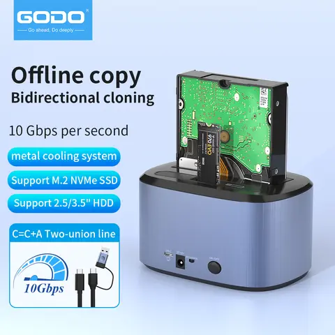 GODO Dual-Bay Hard Drive Docking Station, Offline Clone Duplicator for M.2 SATA NVMe & 3.5/2.5 Inch SSD/HDD, USB 3.0