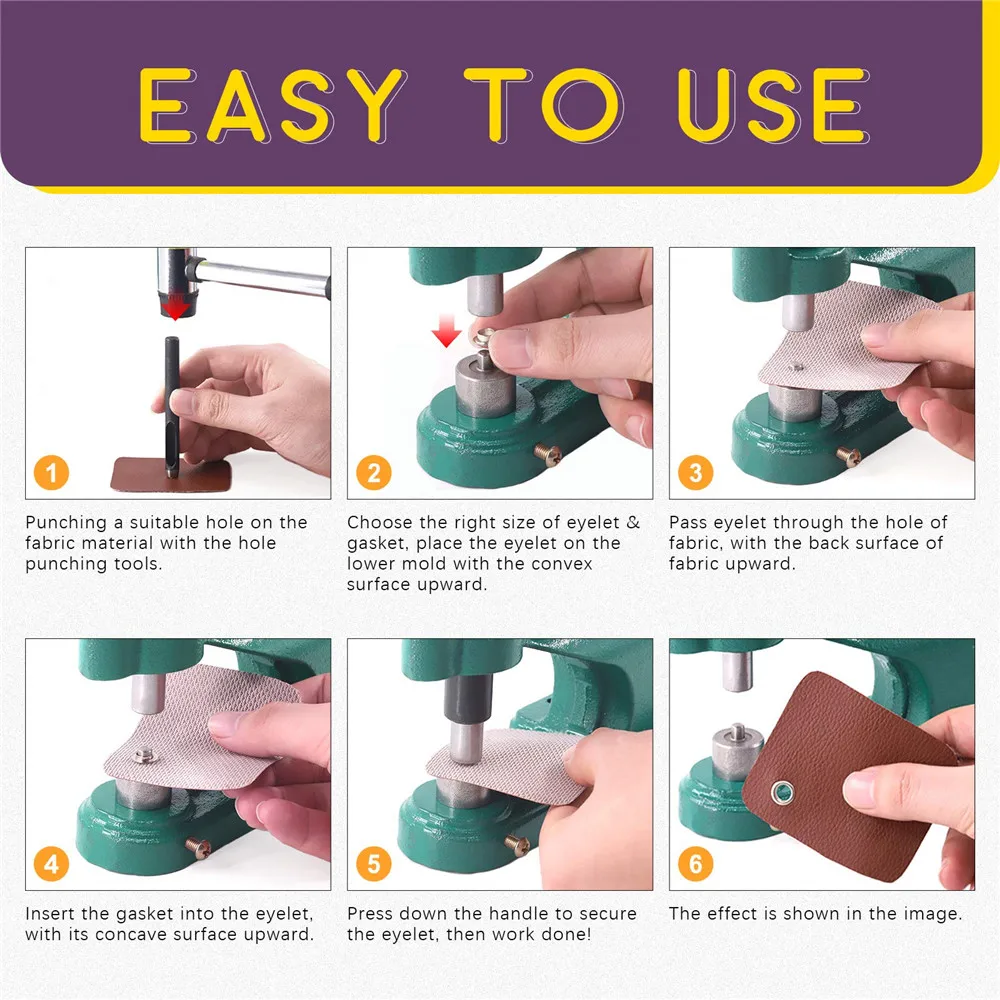 Heavy Duty Hand Drücken Öse Tülle Maschine Punch Tool Kit mit 8mm 6mm 10mm Stirbt und 1500 pcs Gold Silber Ösen – Detail 6