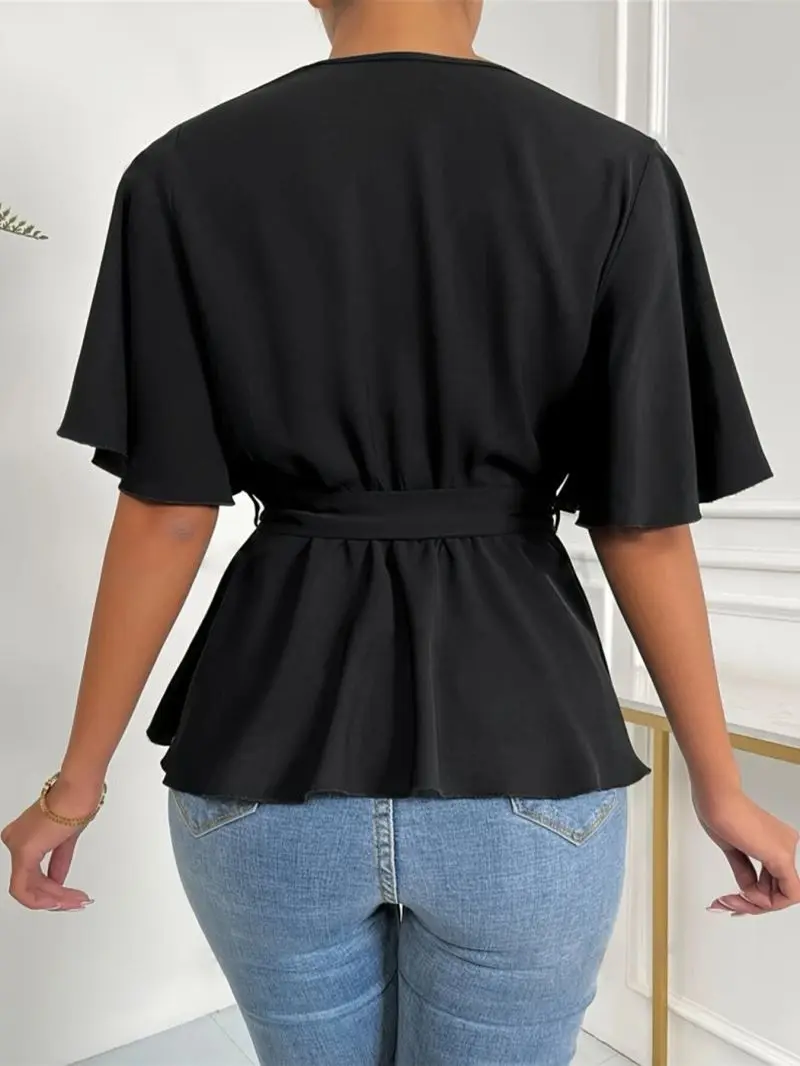 V-neck fly sleeve waist cinched top with women's strap design, lotus leaf swing, loose fitting and meat blocking temperament sma