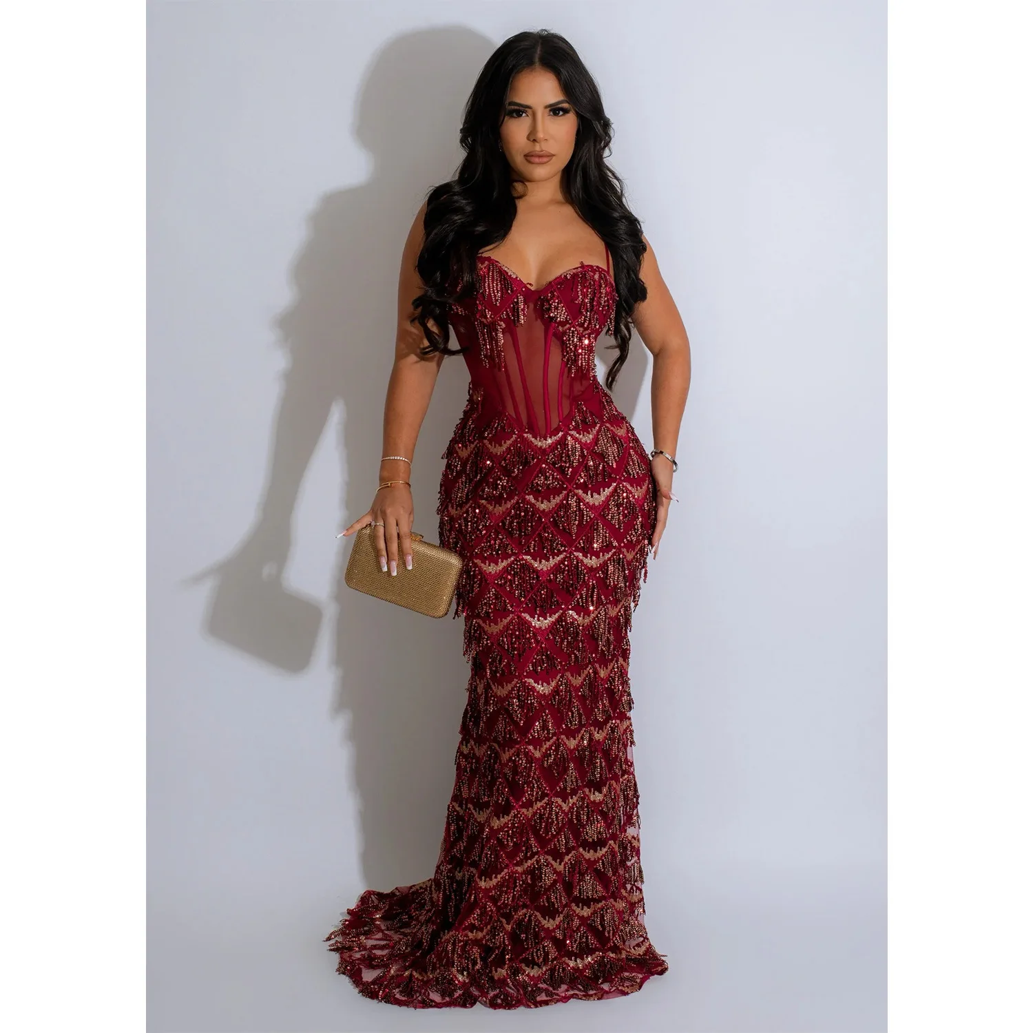 Gold Wine Red Black Sexy Nightclub Birthday Luxury Party Dress Women\'s Sequins Italian Noodle Mesh Sling Celebrity Party Dress