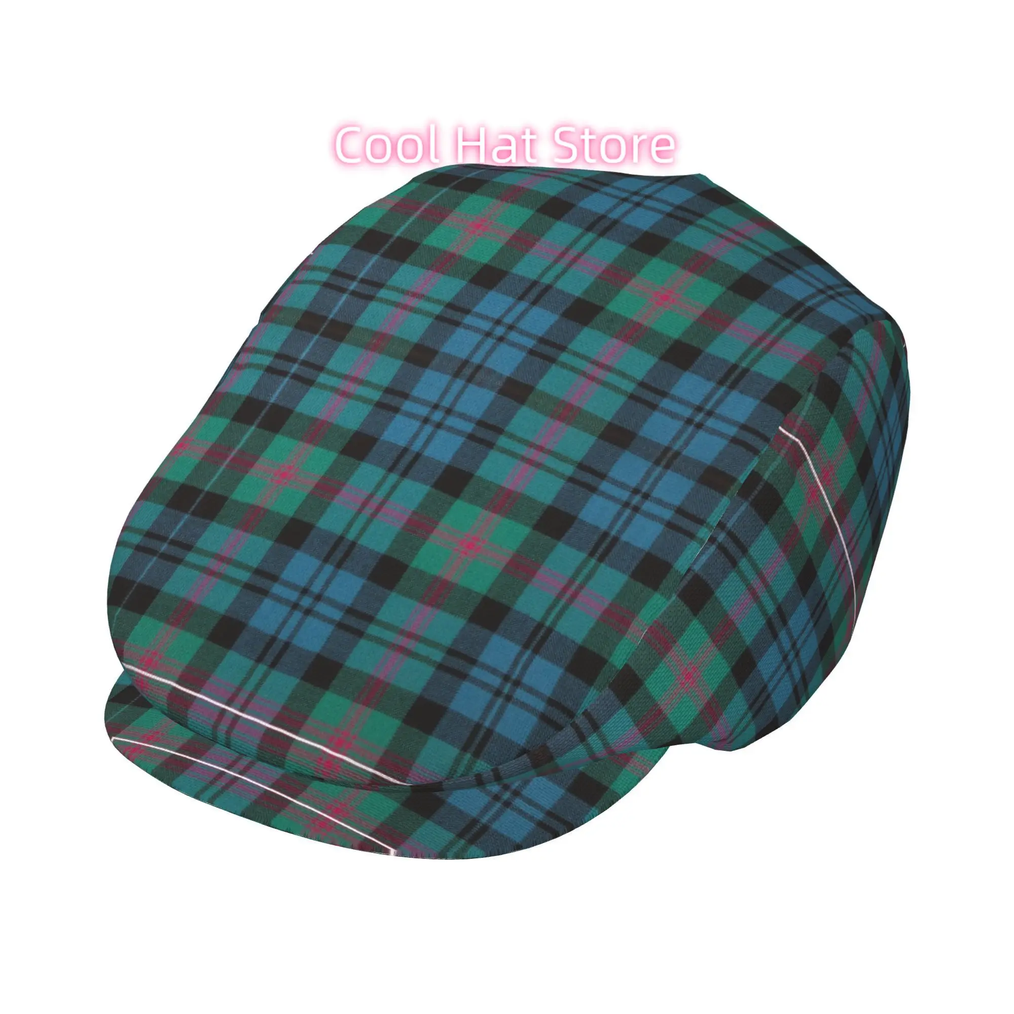 2D Flat - Men'S Beret Hat in Blue-Green Tartan Featuring Delicate Pink Highlights, Made of Polyester And Adjustable. Also Availa