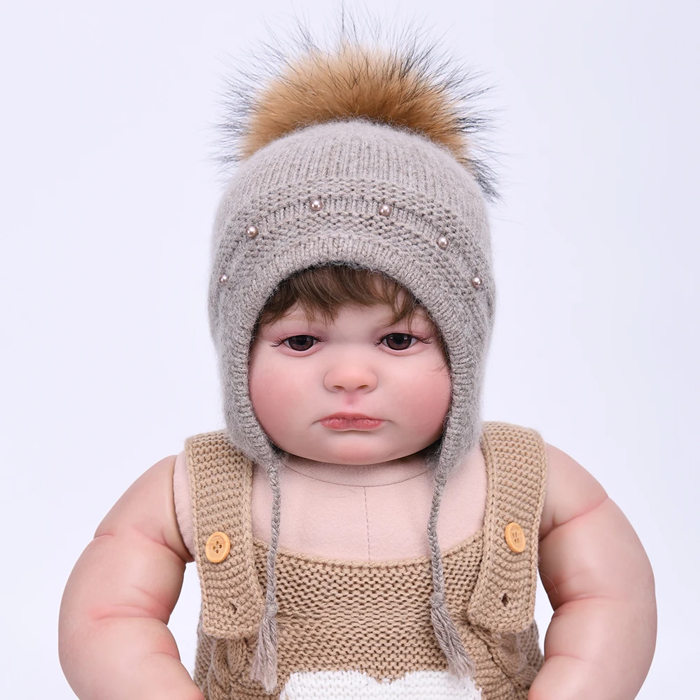 Baby Boys Girls Skull Cap Pearls Cute Children Kids Warm Earflap Hats Fluffy Pom Pom Warm Outdoor Winter Beanie Knitted Cute