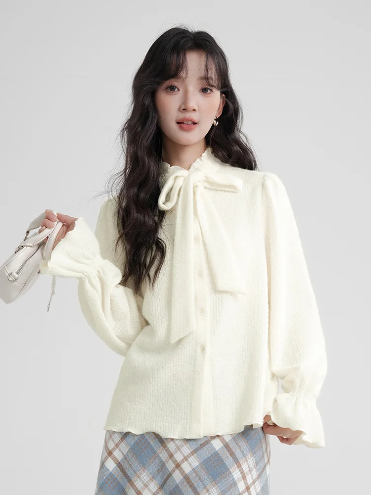 

Long Sleeve Shirts Womens Chiffon Button Down Blouses Lantern Sleeves Preppy Feminine Retro College Style Slim Fit Youth Autumn