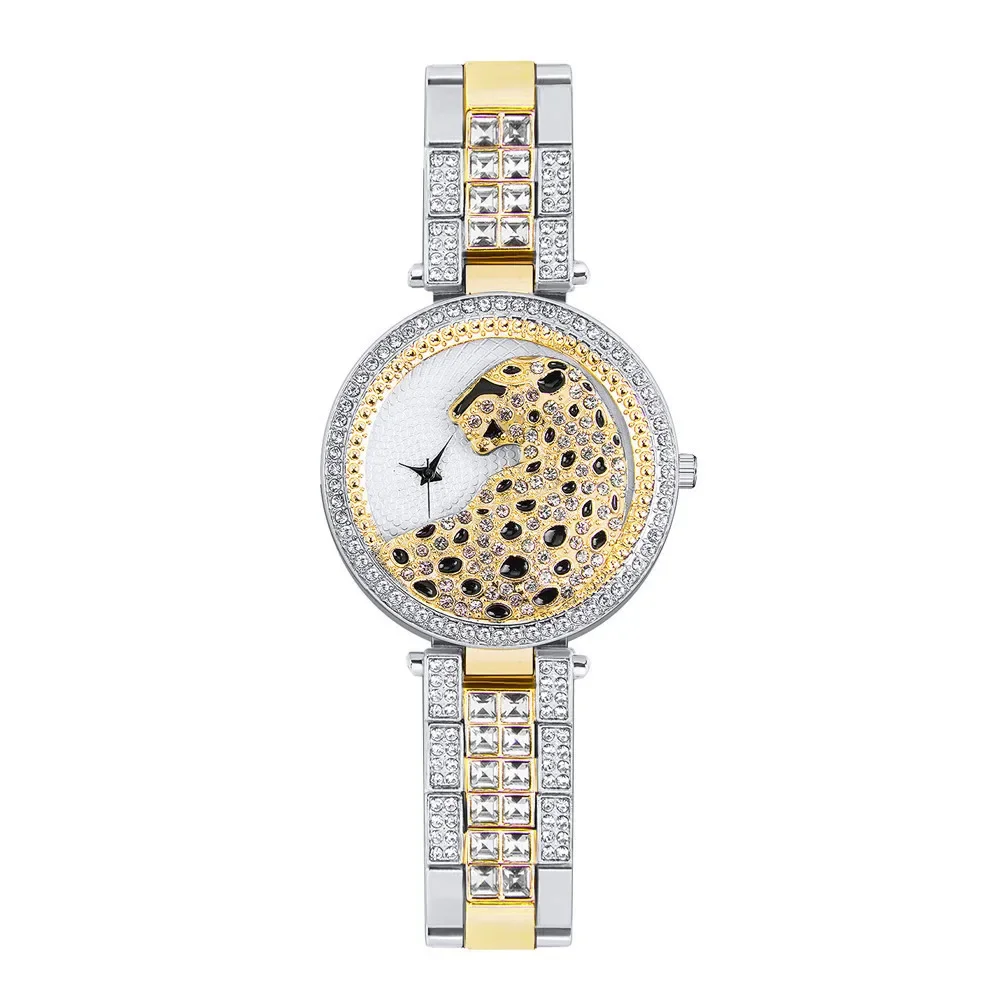 Personalized Women Watch Luxury Full Rhinestones Quartz Watch 3D Leopard Dial Steel Band Bracelet Wristwatch Female Reloj Mujer