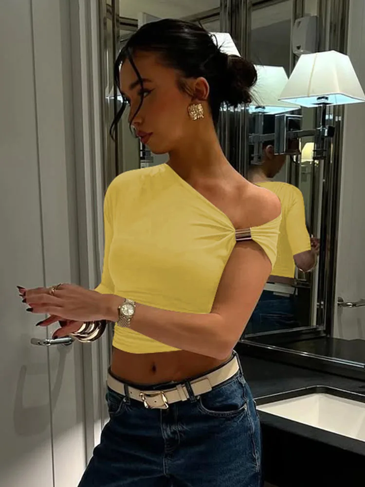 スキュー襟半袖シャーリングメタル Tシャツレディースソリッドカジュアルエレガント Y2K トップスクラブストリート夏