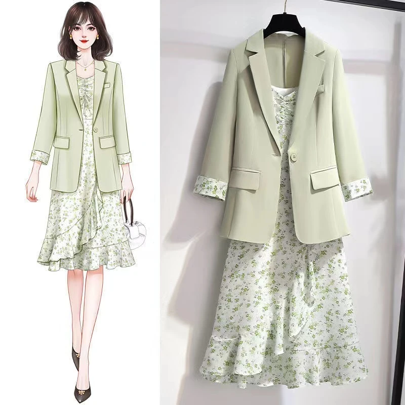 UNXX Korean New Stylish Blazer Floral Youthful Spaghetti Strap Dress Fashion Two-Piece Set for Women Female Office Lady Hot Sale