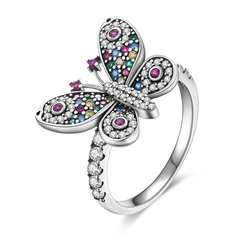 Anel de borboleta brilhante de prata esterlina 925 original com zircônia para mulheres meninas joias presentes de aniversário