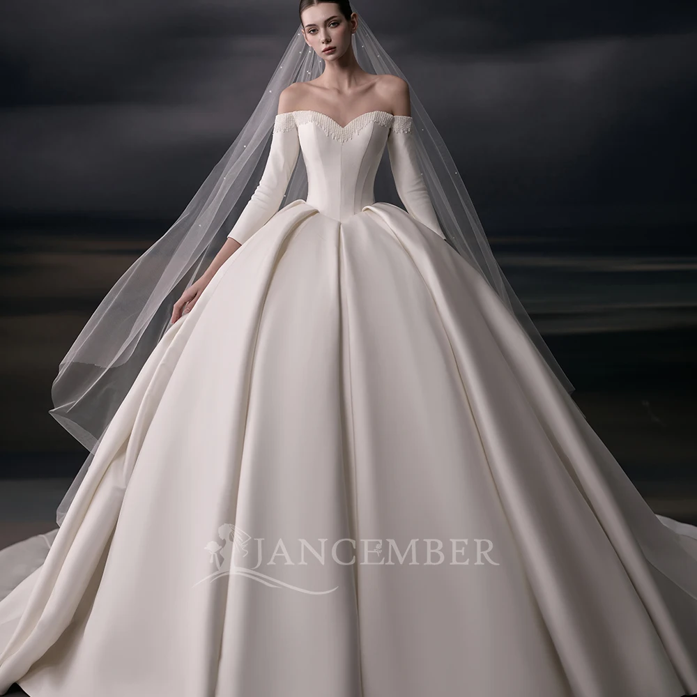 Modern Ivory Ball Gown Customized Wedding Dress Off The Shoulder Value for Money Three Quarter Sleeves Scoop Vestido De Novia