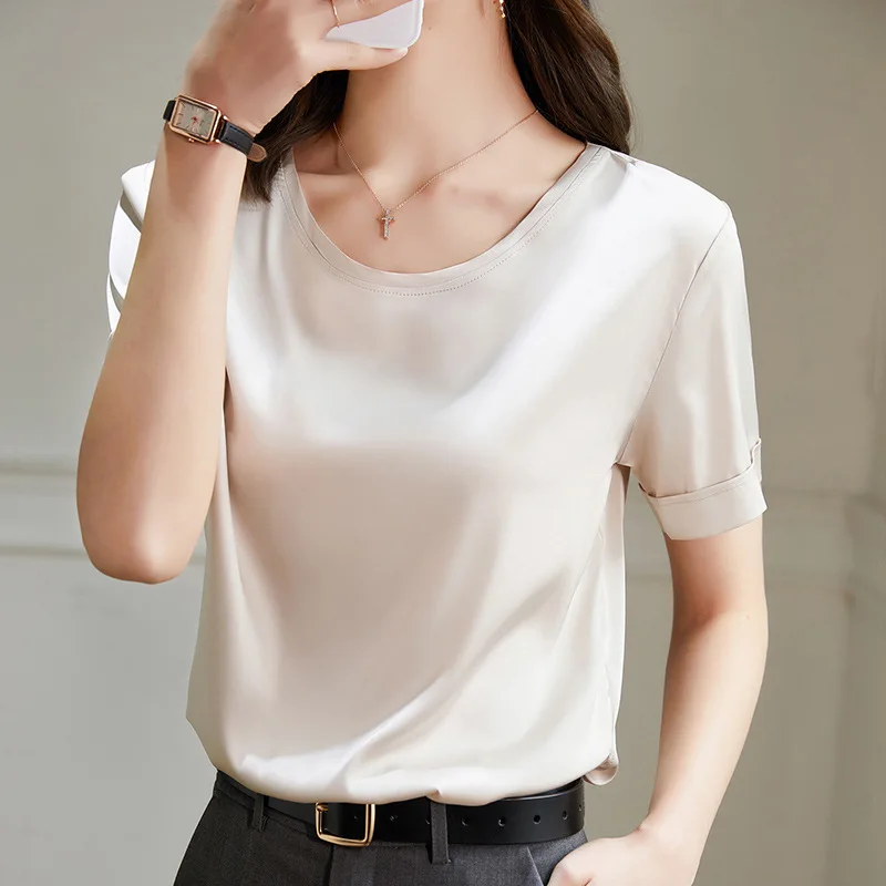 Heavyweight Silk T-shirt for Women White High-end and Atmospheric Summer Satin Silky T-shirt Crop Top Women