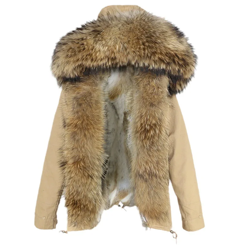 Winter 2025 new thermal parka removable thickened rabbit fur liner raccoon fur collar thickened warm