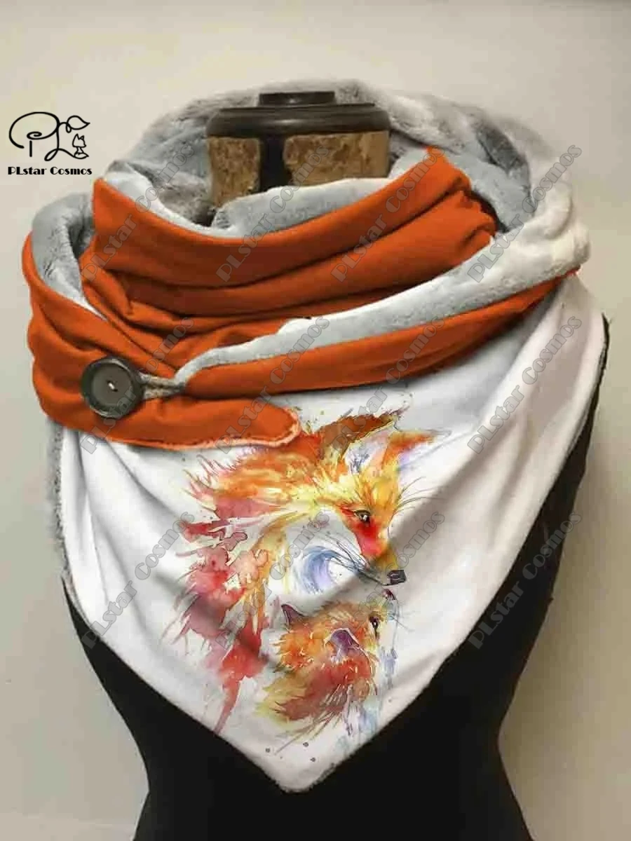 3D printing animal series cute fox fallen leaves snowflake pattern women\'s warm shawl spring and winter small triangle scarf H-2