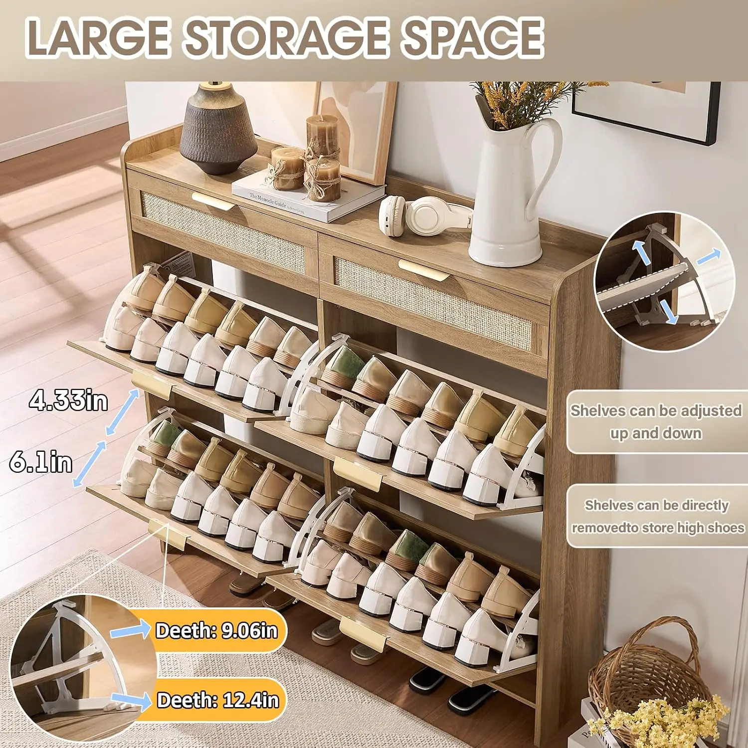 Rattan Shoe Cabinet 4 Flip Drawers & 2 Drawers, Freestanding Entryway Organizer, Narrow Hidden Shoe Rack, Rustic Oak, Customized