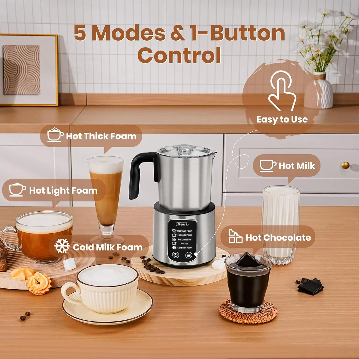 ماكينة صنع الشوكولاتة الساخنة مع رغوة الحليب وبخار 5 في 1، مكواة بخار الحليب الاحترافية، 17 أونصة/3.5 أونصة، ستانلس ستيل