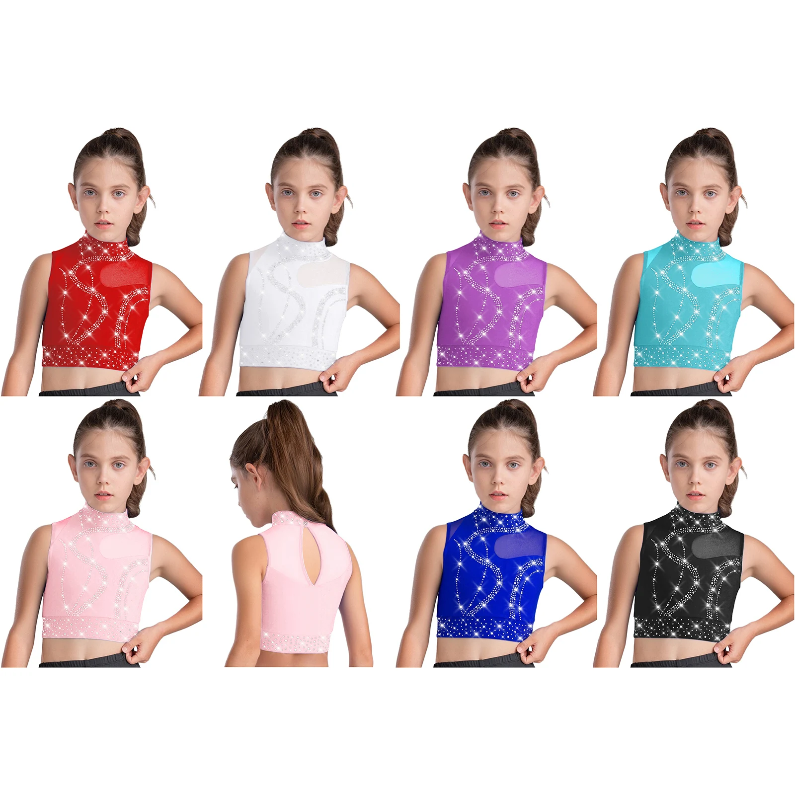 لامعة الراين الجمباز الرقص القمم أطفال بنات الشكل التزلج أداء المنافسة زي بلا أكمام بقماش شفاف المحاصيل الأعلى #5