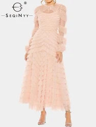 SEQINYY Elegant Long Dress Early Spring New Fashion Design Women Runway High Street Vintage Ruffles A-Line Mesh Dot Party