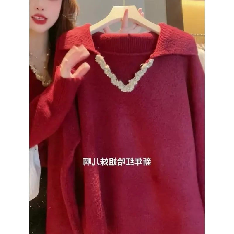 

Французский легкий роскошный стильный утолщенный мягкий восковой свитер для женщин, зимний высококачественный топ с v-образным вырезом