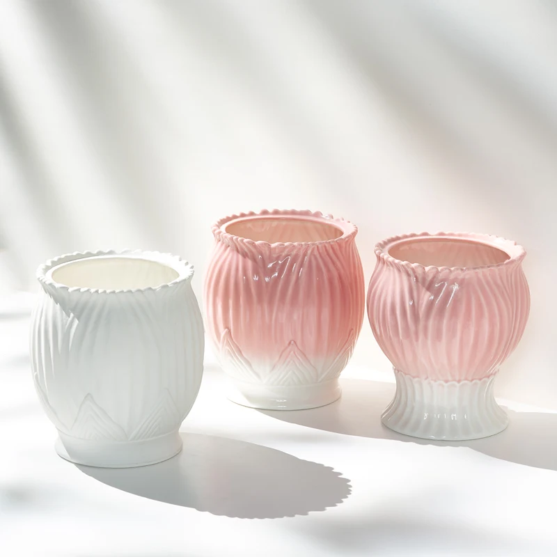 

Ceramic vase with wide mouth, Nordic style, white with gradient pink decoration, dried flower arrangement, flower container