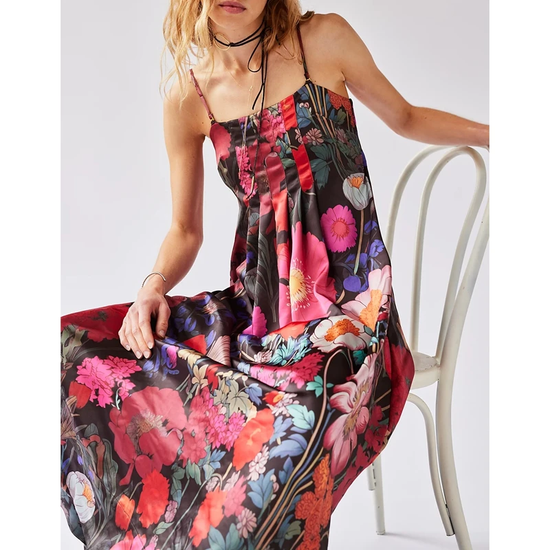 Combhasaki Donna Estate Boho Senza maniche Spalline regolabili Ritaglio posteriore Stampa floreale Abito lungo a trapezio fluido e setoso