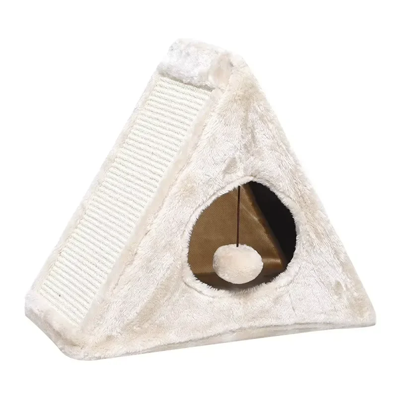 Eco-friendly Beige Cat House Bed with Interactive Scratcher Toy Solid Plush for Cats and Dogs Packed in Carton