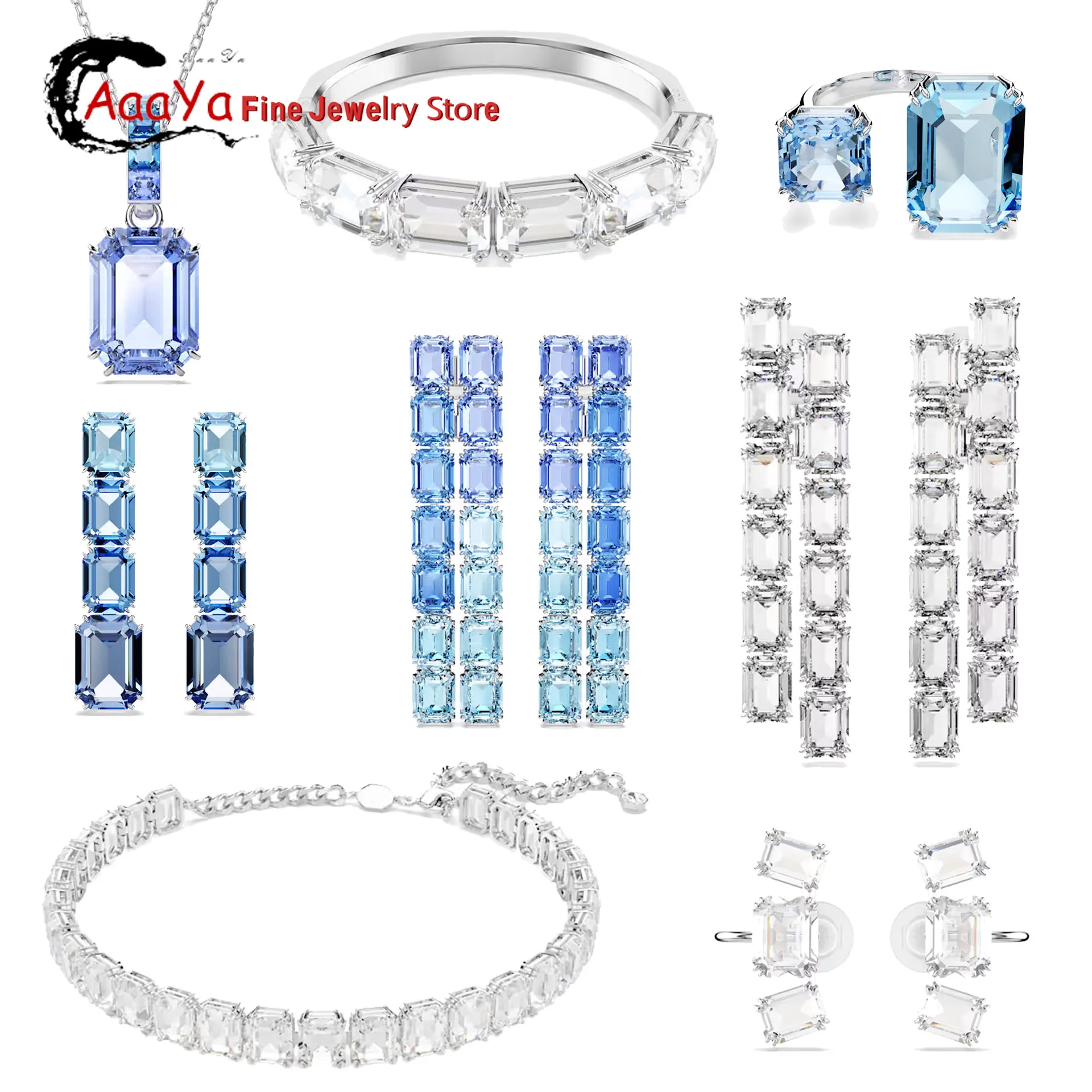 

Millenia Necklace Earrings Bracelet Charm Fine Jewelry Set for Women Blue Crystal Geometric Octagon Cut Jewelry Romantic Gift