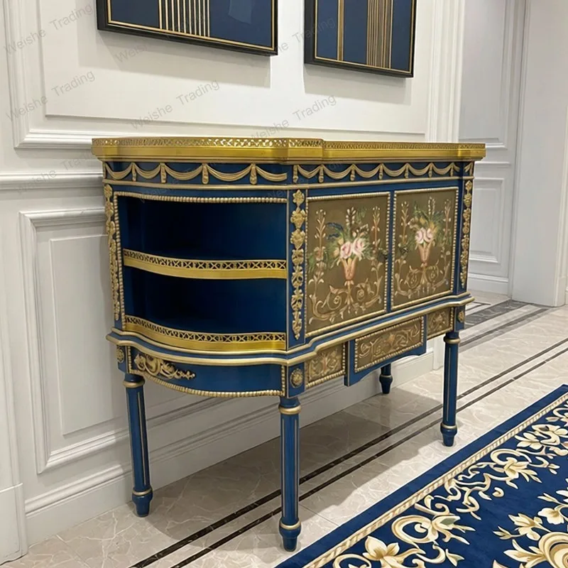 French retro solid wood hand-painted flower copper edge 1.28 meters hollow edge blue painted entrance cabinet decorative locker