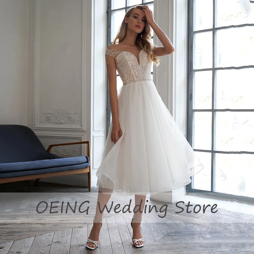 Wedding Dress White A Line Sheet Tulle V Neck Short Wedding Gown 2024 Tea Length Cap Sleeves Luxury Beading Illusion Bridal Gown