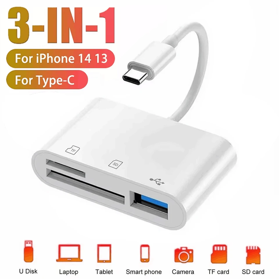 1-3PCS Type C OTG Adapter TF/SD Card Reader For iPhone Samsung Xiaomi Oneplus Cell phone Accessories 3 in 1 USB C to A Connector