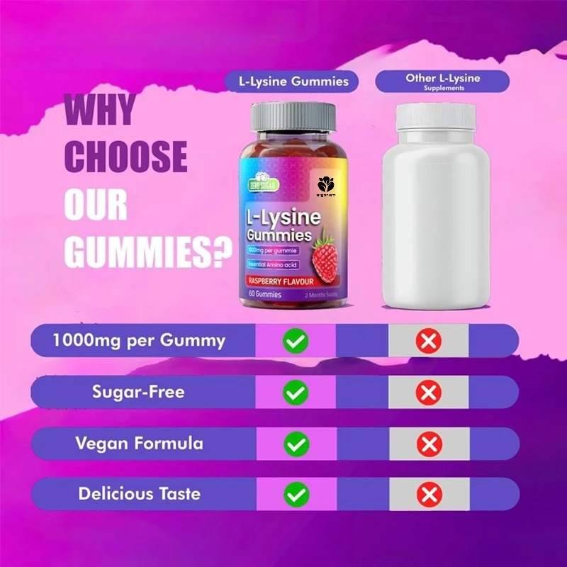 علكة L-Lysine، 1000 مجم، بدون سكر، أحماض أمينية قابلة للمضغ للبشرة والشفاه ودعم المناعة، نباتي، خالي من الجلوتين #2