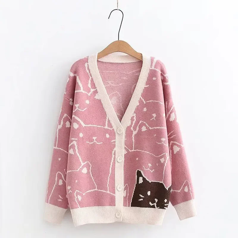 

Autumn Winter New Cartoon V Neck Cardigan Women Cat Vintage Knitted Sweater Female Retro Fashion Long Sleeve Knitwear Coat